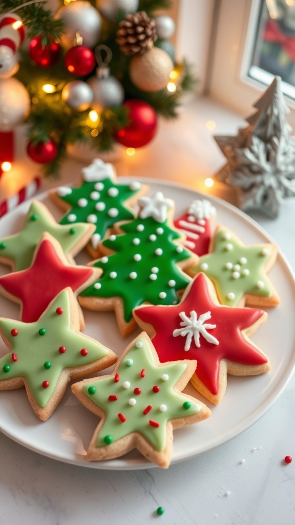 A plate of decorated Christmas sugar cookies in festive shapes, surrounded by holiday decorations.